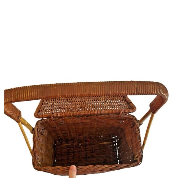 Vintage Coated Wicker Hinged Lidded Basket Stationary Handle Rectangle Storage - Picture 3 of 15